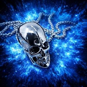 Polished Silver Skull Necklace Gothic Biker Punk Statement Pendant on Chain #12.